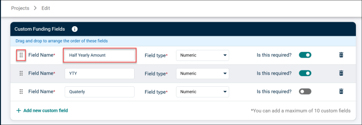 Edit and reorder custom funding fields